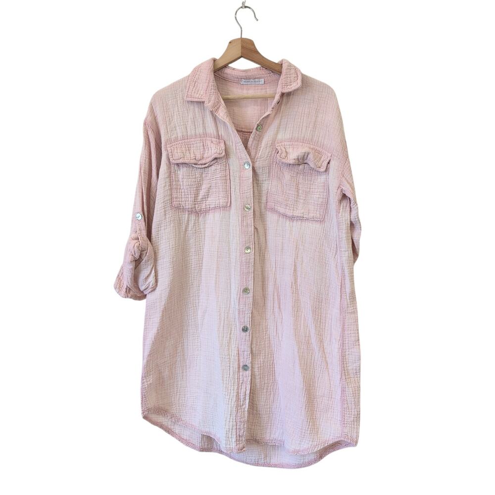 MADE IN ITALY Womens 100% Cotton Shirt Dress M/L Pink Button Front Beachy Summer